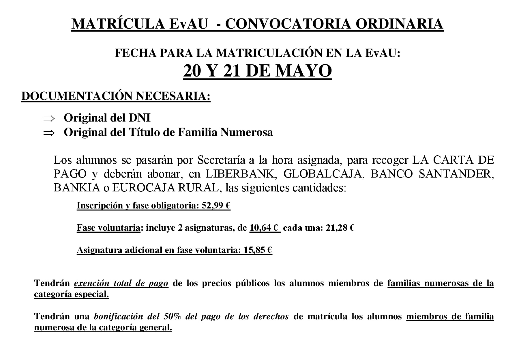 FECHA MATRICULA EVAU 20 21