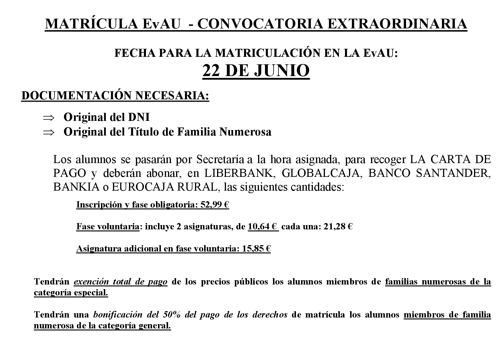 FECHA MATRICULA EVAU extra 20 21