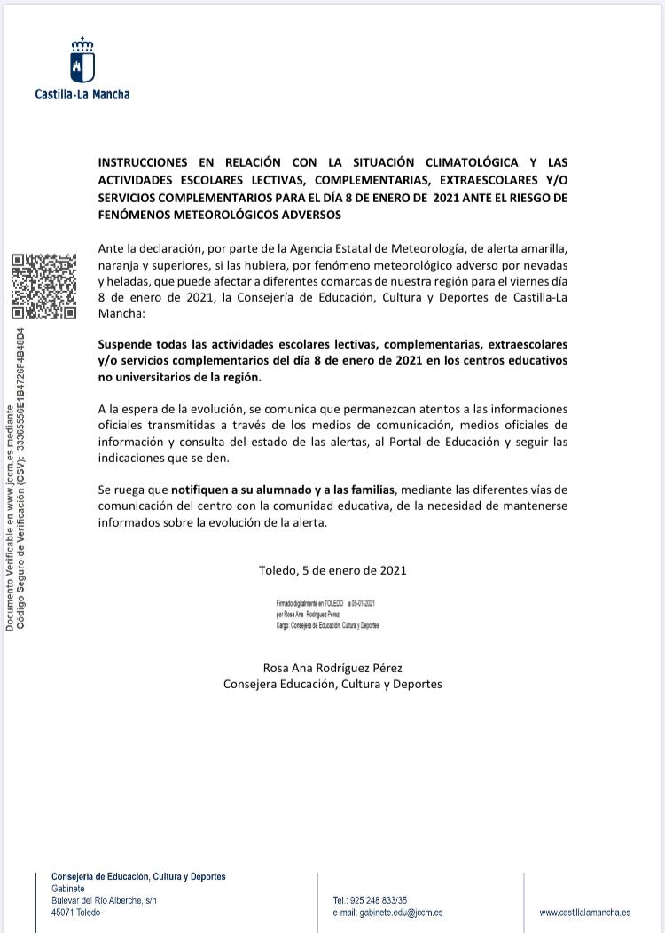 suspension clases 8 enero 2021