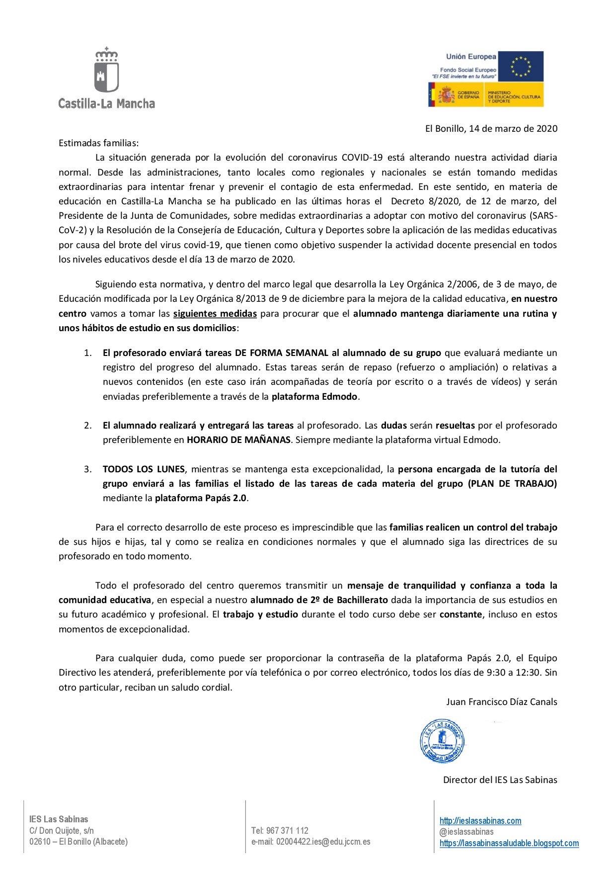 CARTA FAMILIAS PERIODO SUSPENSIÓN DOCENCIA PRESENCIAL