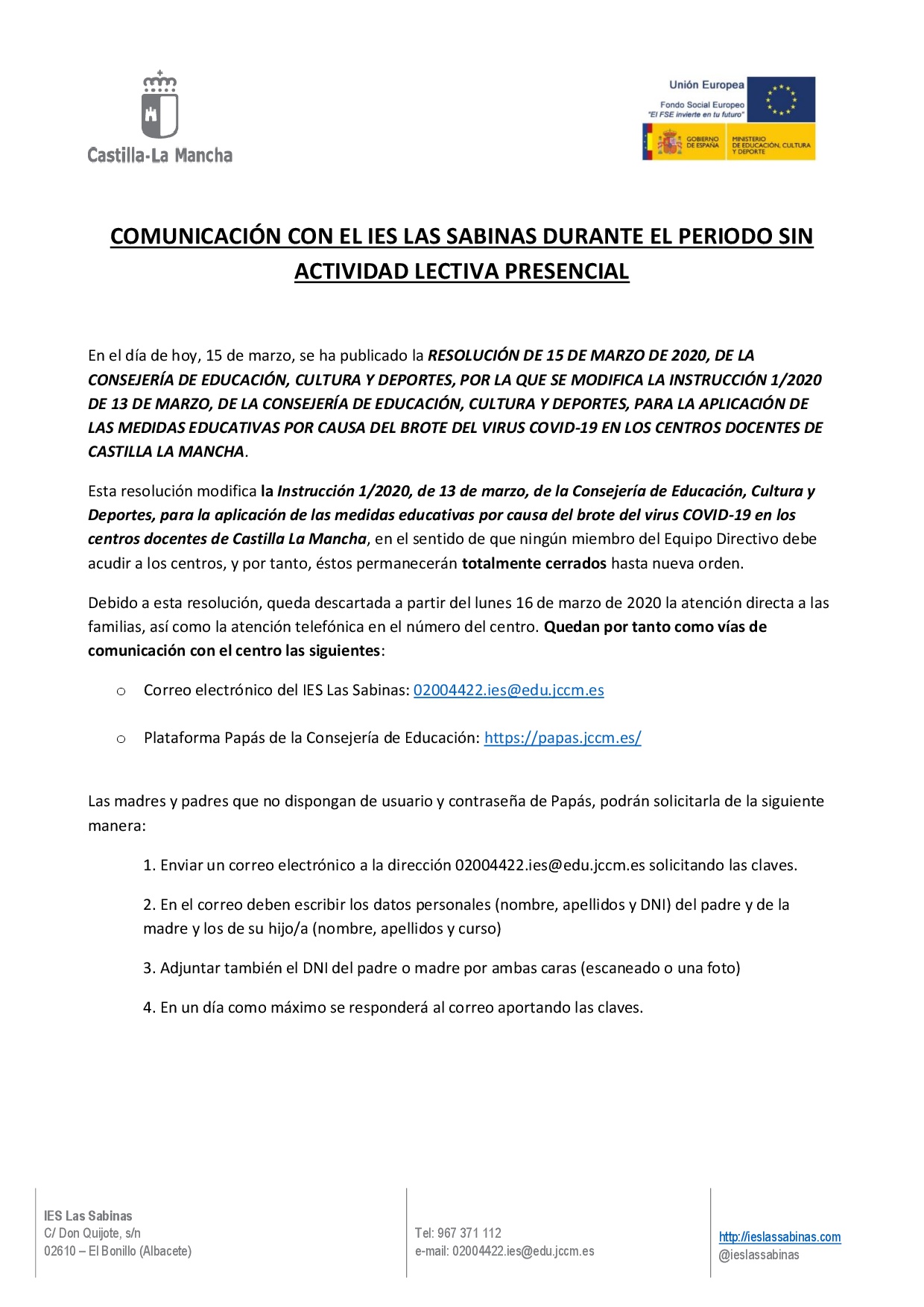 COMUNICACIÓN CON EL IES LAS SABINAS DURANTE EL PERIODO SIN ACTIVIDAD LECTIVA PRESENCIAL